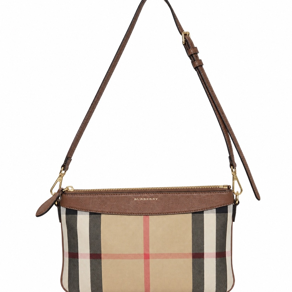 Burberry Beige Check Crossbody with Brown Leather Trim